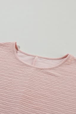 image-Light Pink Ruffled Short Sleeve Blouse - Solid Texture Elegant Design
