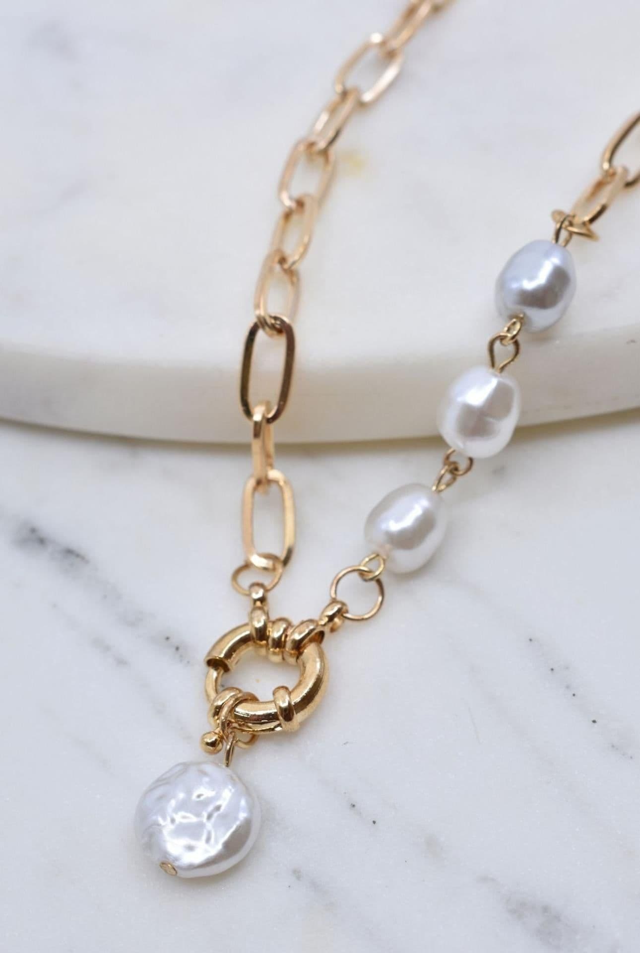 image-Gold Chain Necklace with 3 Pearl Accent Beads and Pendant
