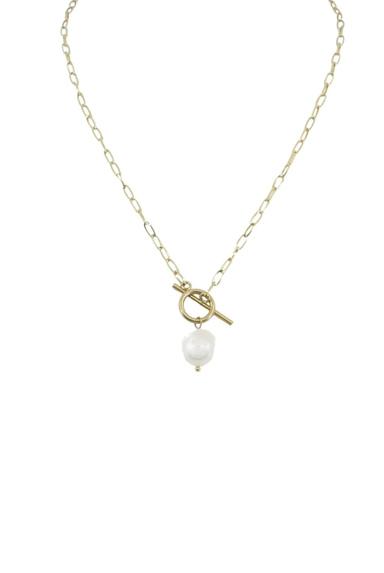 image-Gold Lariat Necklace With Pearl Pendant