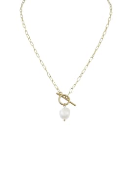 image-Gold Lariat Necklace With Pearl Pendant