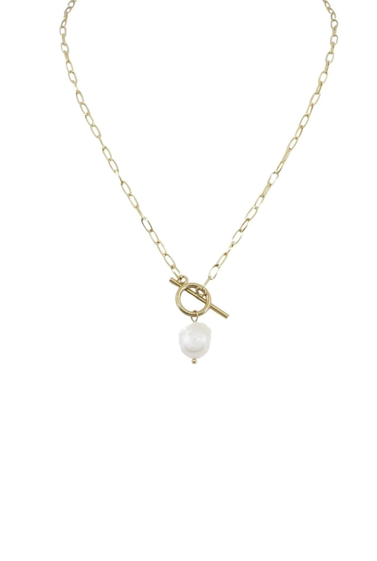 image-Gold Lariat Necklace With Pearl Pendant