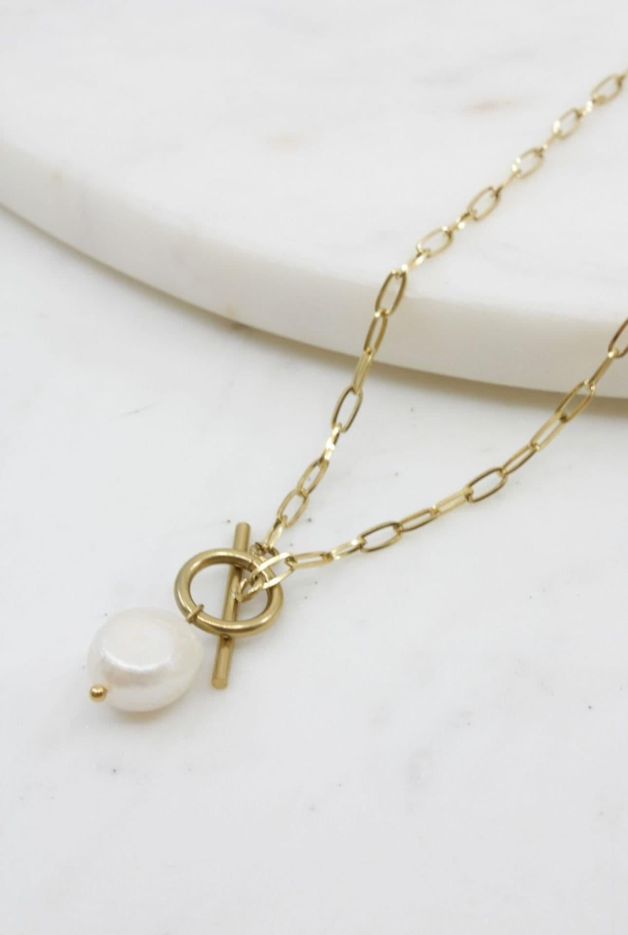 image-Gold Lariat Necklace With Pearl Pendant
