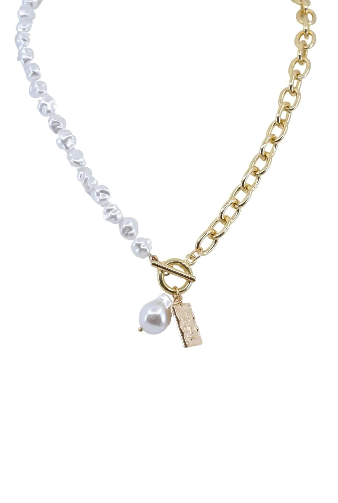 image-Gold Pearl and Chain Lariat Necklace with Coin Accent