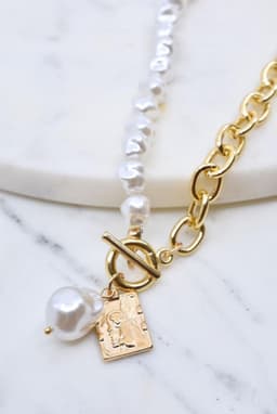 image-Gold Pearl and Chain Lariat Necklace with Coin Accent
