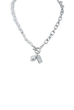image-Silver Pearl and Chain Lariat Necklace with Coin Accent