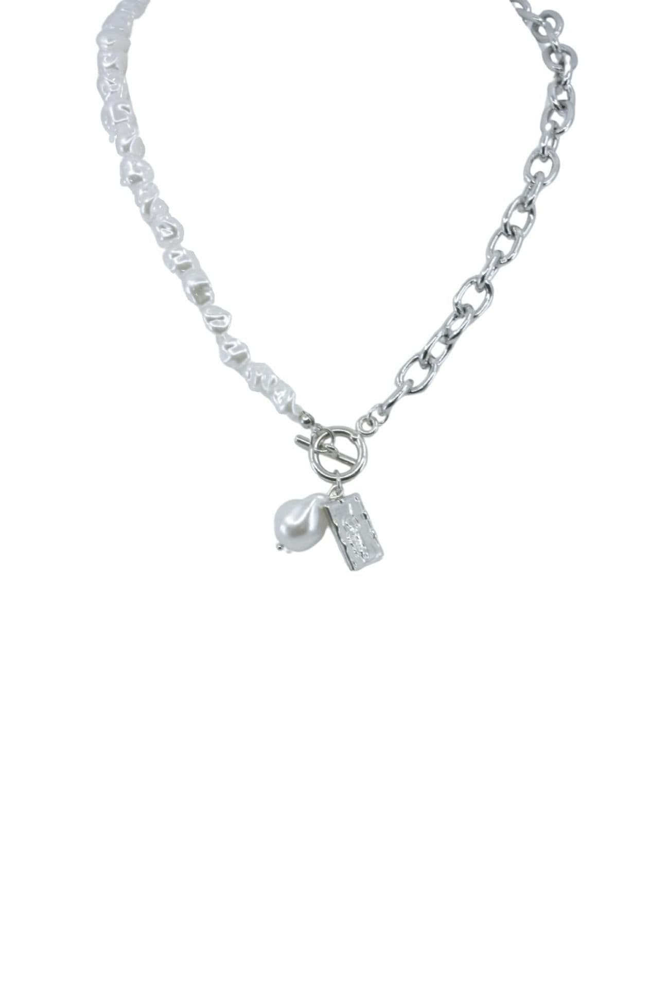 image-Silver Pearl and Chain Lariat Necklace with Coin Accent