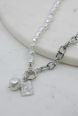 image-Silver Pearl and Chain Lariat Necklace with Coin Accent