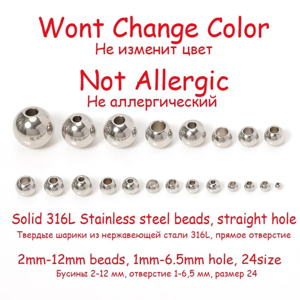 image-100pcs 2 mm-12 mm 316L Stainless Steel Beads European Ball Metal Big Hole Spacer Beads for Jewelry Making Diy Bracelet Necklace