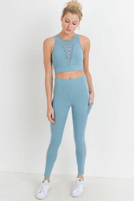 image-Highwaist Hybrid Mesh & Lattice Straps Full Pocket Leggings