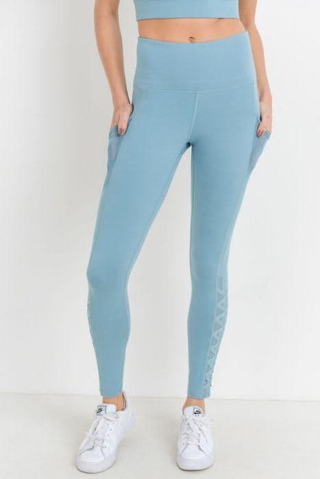 image-Highwaist Hybrid Mesh & Lattice Straps Full Pocket Leggings