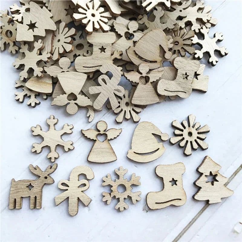 image-50Pcs DIY Natural Wooden Chip Santa Claus Christmas Tree Hanging Ornaments Pendant Kids Gifts Snowman Tree Shape Xmas Decoration