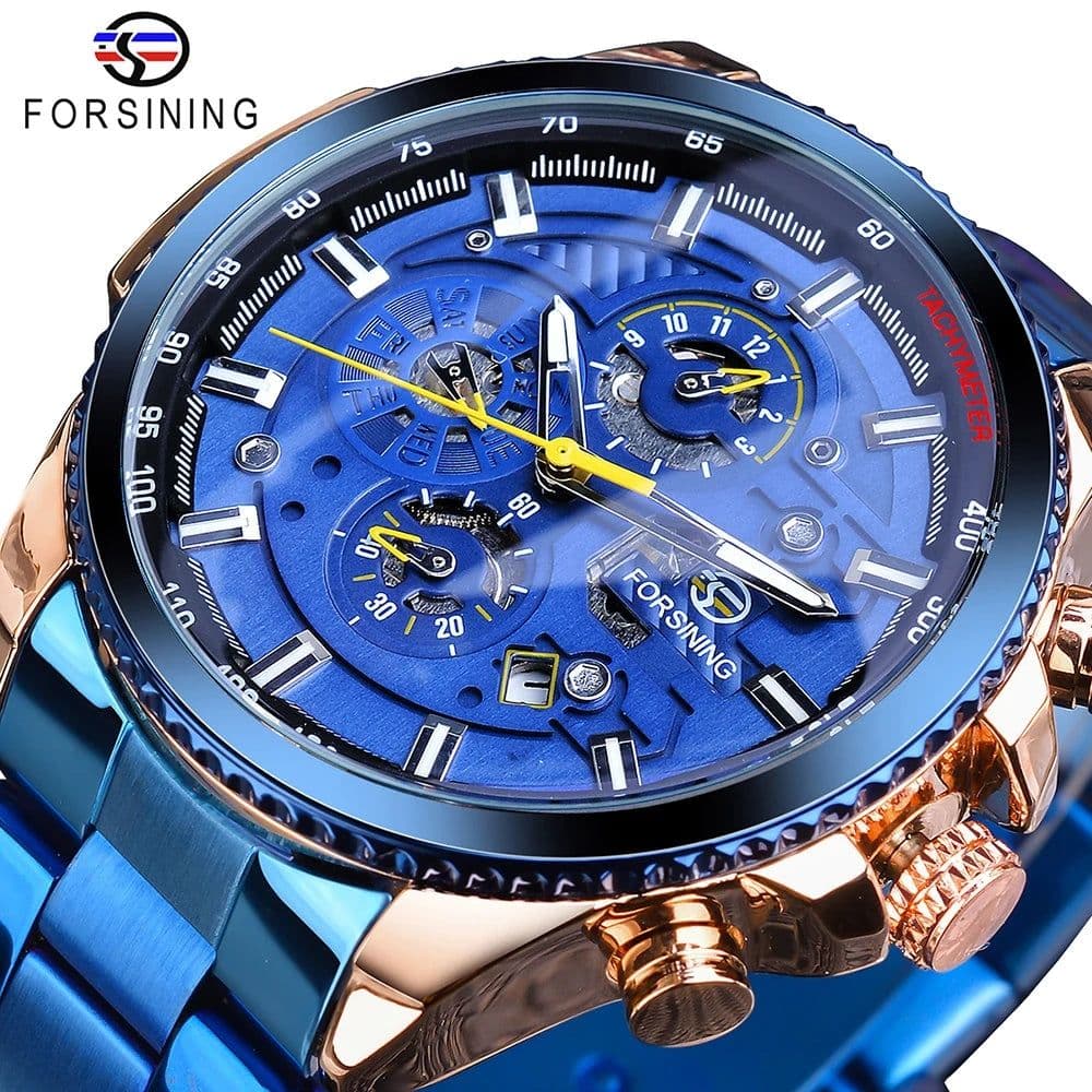 image-Forsining Three Dial Calendar Stainless Steel Men Mechanical Automatic Wrist Watches Top Brand Luxury Military Sport Male Clock