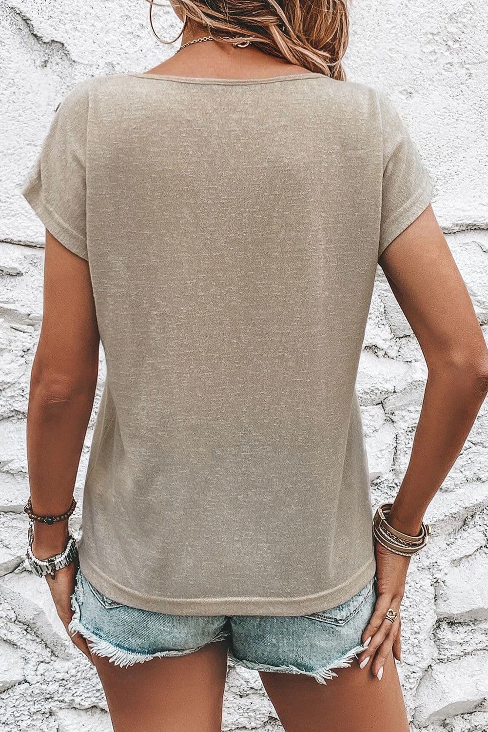 image-Smoke Gray Batwing Sleeve Casual Tee - Button Detail, Versatile