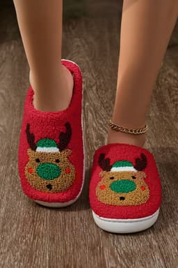 image-Fiery Red Reindeer Plush Slippers Thick Sole