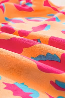 image-Abstract Print V-Neck Blouse - Orange Ruffled Sleeves
