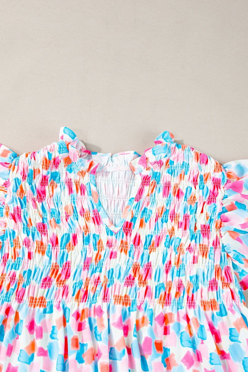 image-Sky Blue Abstract Printed Ruffled Blouse - Shirred Yoke Design