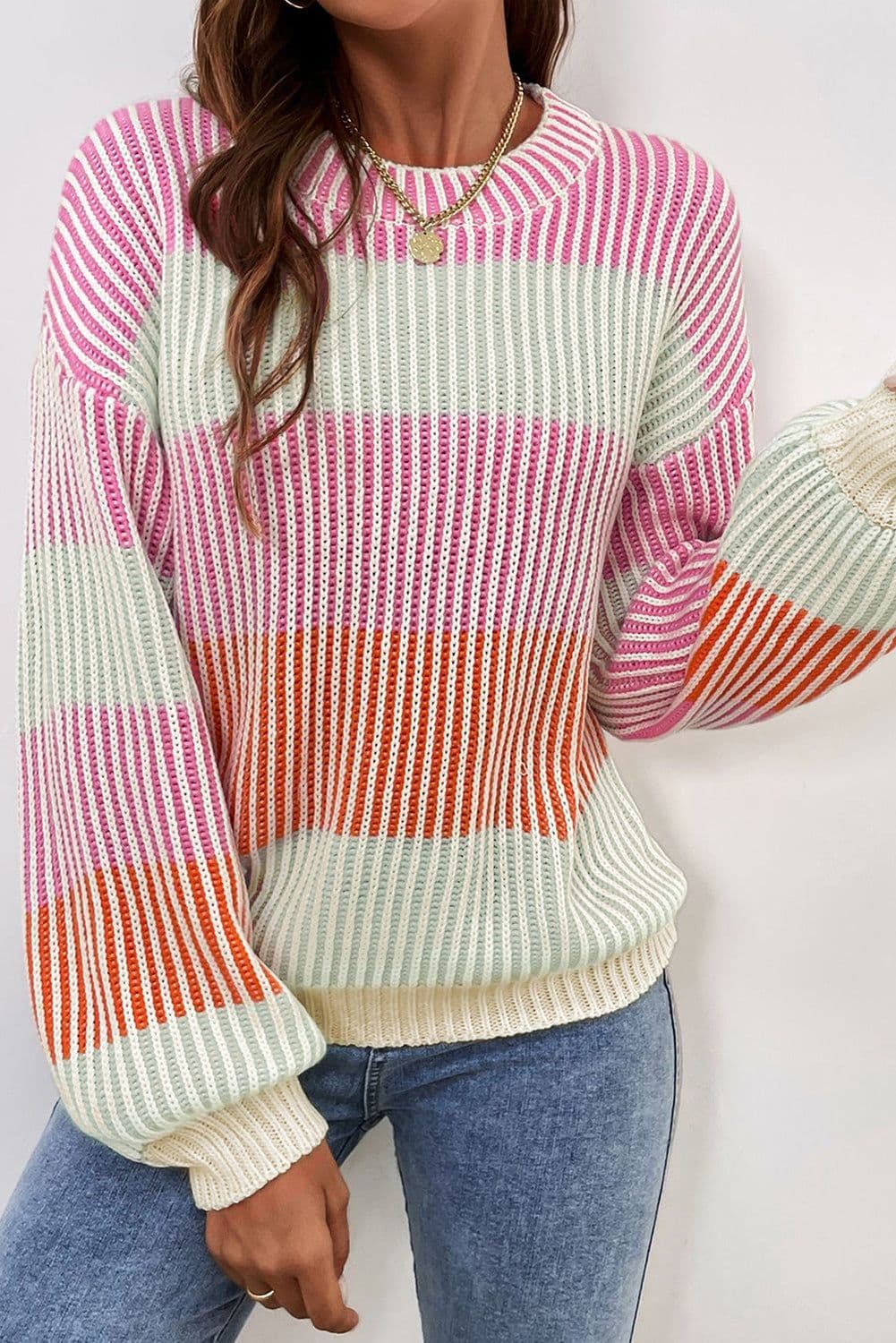 image-Textured Knit Colorblock Sweater - Bubble Sleeves - Brown