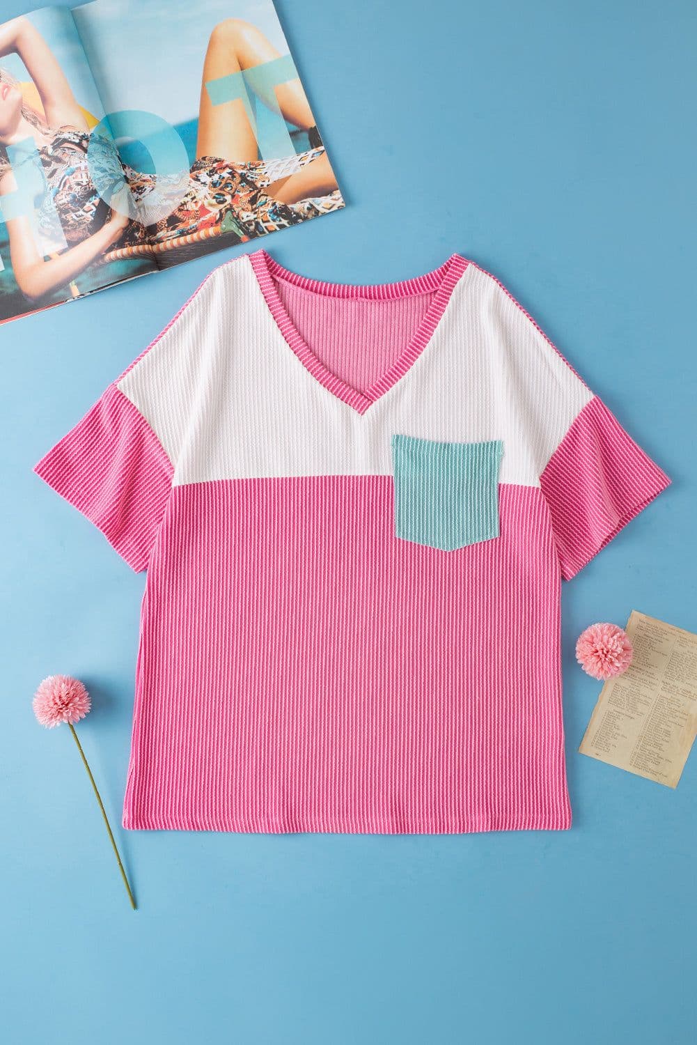 image-Rose Red Color Block Patch Pocket Tee - V Neck Casual Shirt