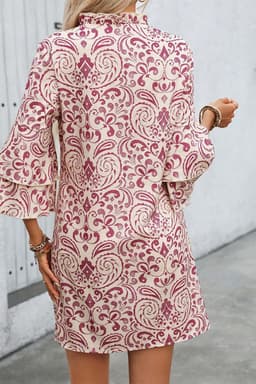 image-Pink Paisley Print Tiered 3/4 Sleeve Mini Dress