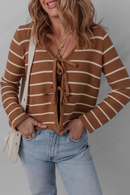 image-Chestnut Tie Front Striped Knit Cardigan V Neck
