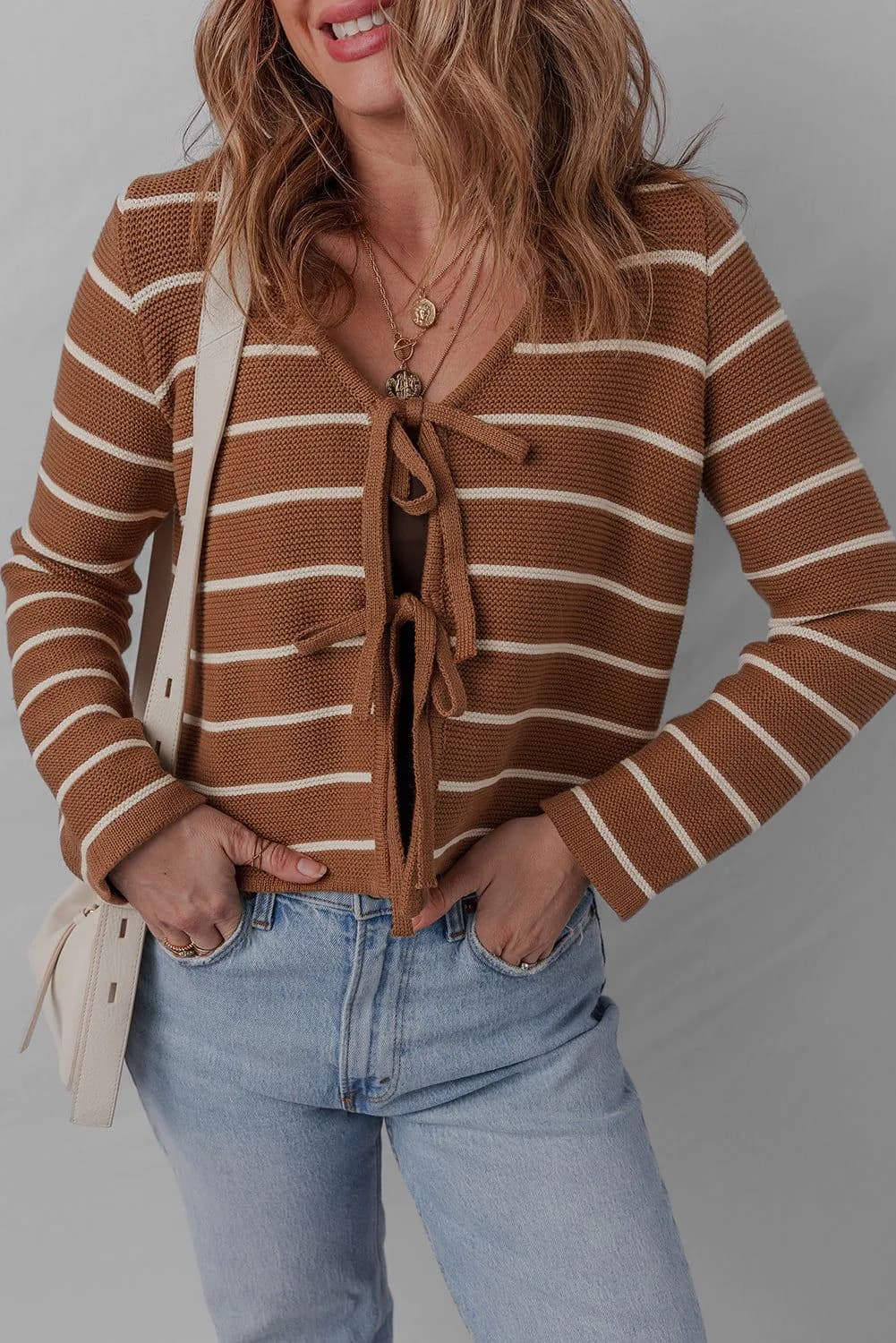 image-Chestnut Tie Front Striped Knit Cardigan V Neck