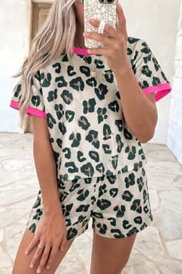 image-Brown Unique Leopard Print Contrast Trim Top Loose 2pcs Short Set