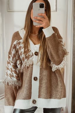 image-Khaki Houndstooth Color Block V Neck Raw Edge Button Front Cardigan