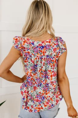 image-Rose Red Floral Square Neck Flutter Tank Top