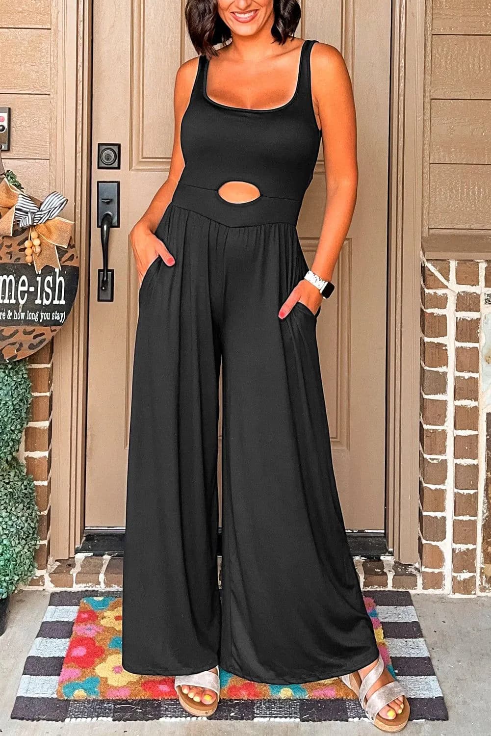 image-Black Peekaboo Wide Leg Square Neck Sleeveless Jumpsuit