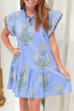 image-White Floral Print V Neck Mini Dress Scalloped Trim