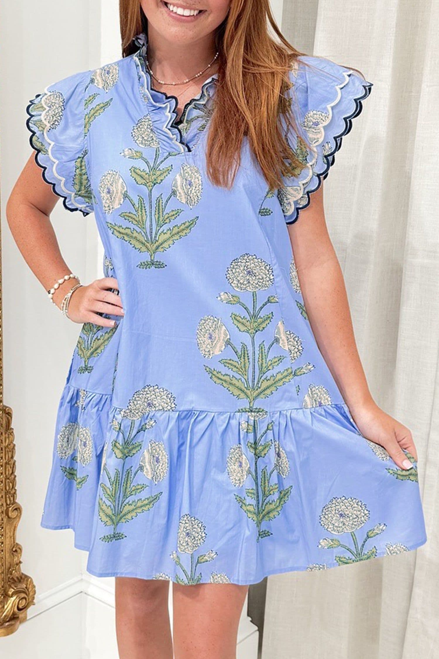 image-White Floral Print V Neck Mini Dress Scalloped Trim