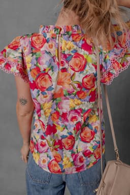 image-Floral Short Sleeve Ruffled Lace Trim Blouse (58 characters)