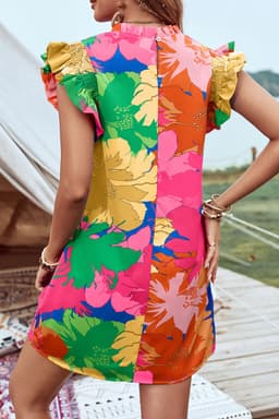 image-Blue Floral Flutter Sleeve Shift Mini Dress Pockets
