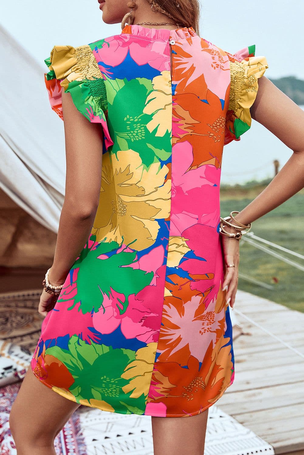 image-Blue Floral Flutter Sleeve Shift Mini Dress Pockets