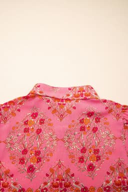 image-Rose Red Floral Print Shirt - Wide Short Sleeve Loose