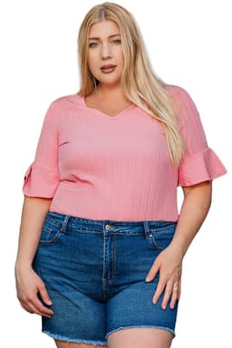 image-Peach Blossom Ruffled V Neck Textured Plus Size Top