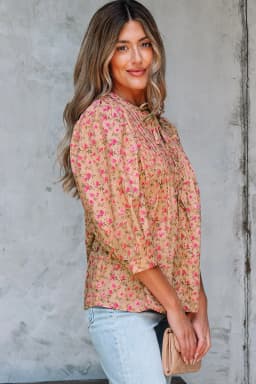 image-Light French Beige Floral Blouse - Bow Pintuck