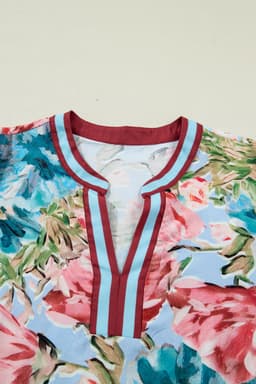 image-Sky Blue Floral Blouse V Neck Cuffed Sleeves