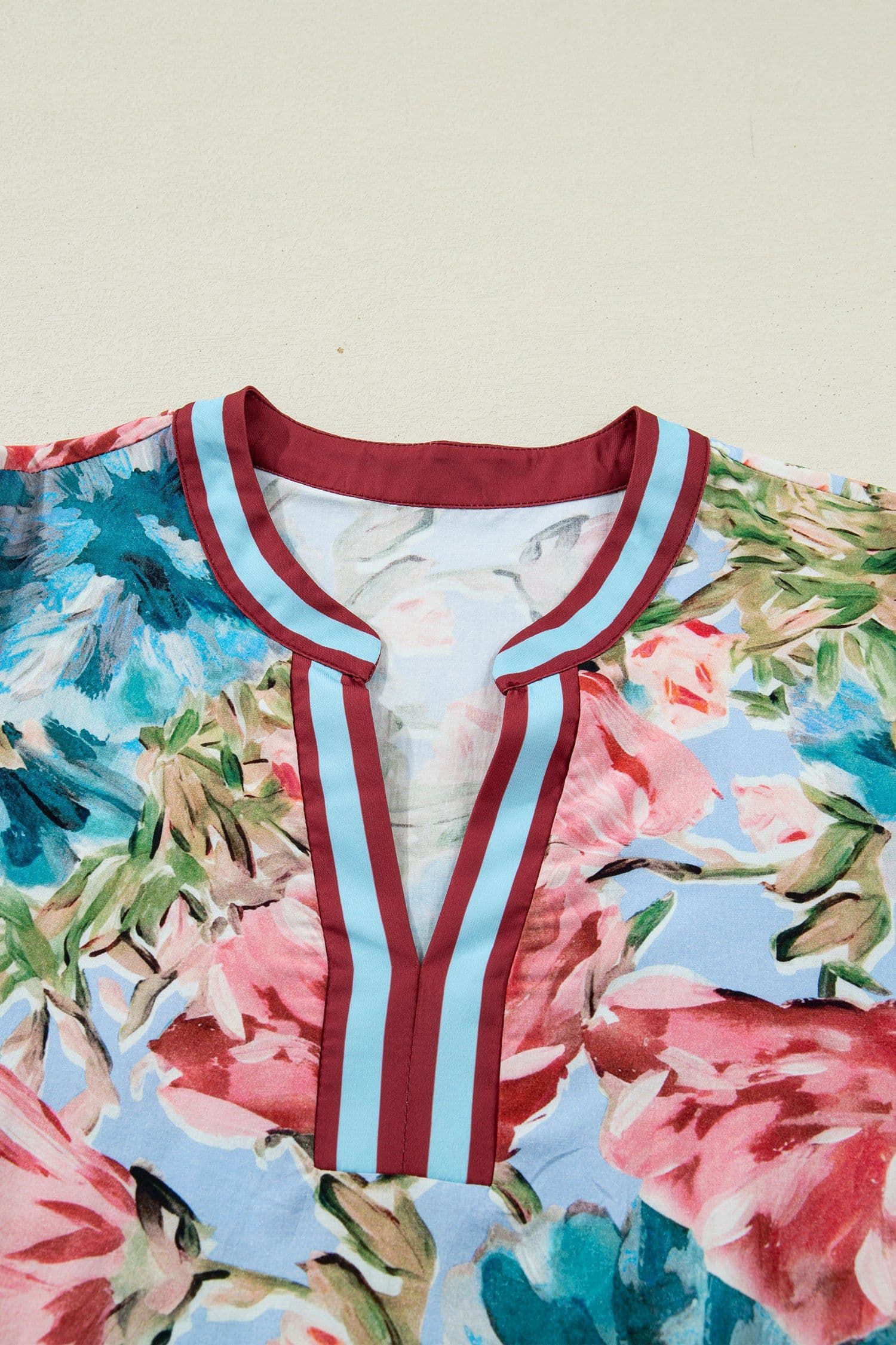image-Sky Blue Floral Blouse V Neck Cuffed Sleeves
