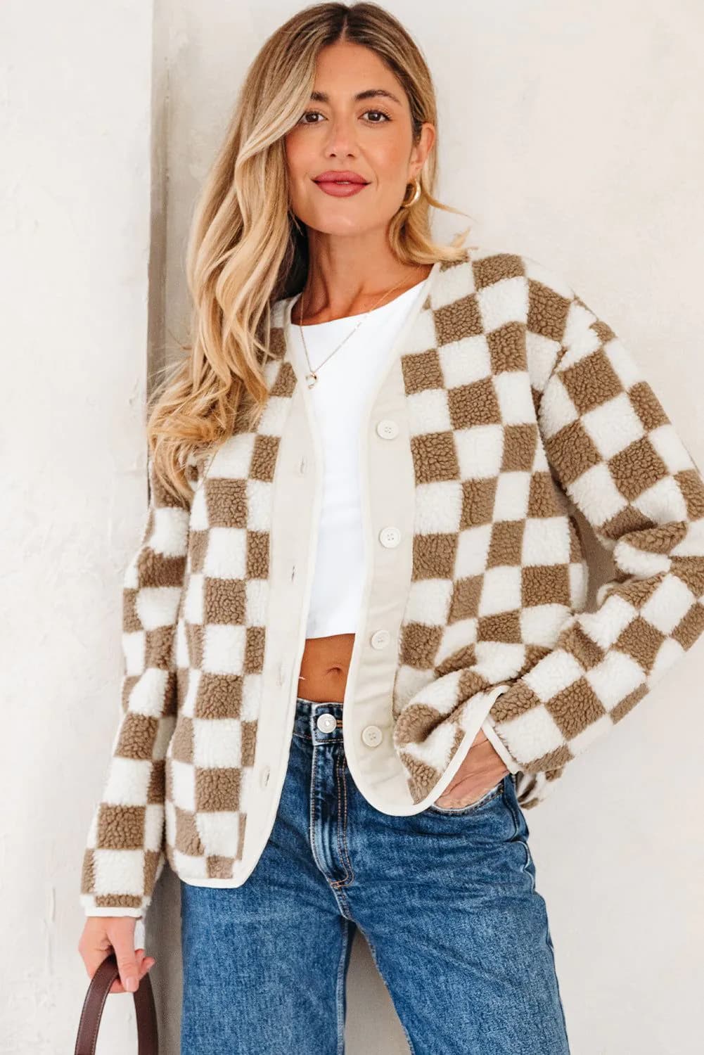 image-Brown Checkered Sherpa Jacket - Buttoned Front