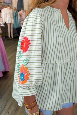 image-Green Stripe Floral Puff Sleeve V-Neck Babydoll Blouse