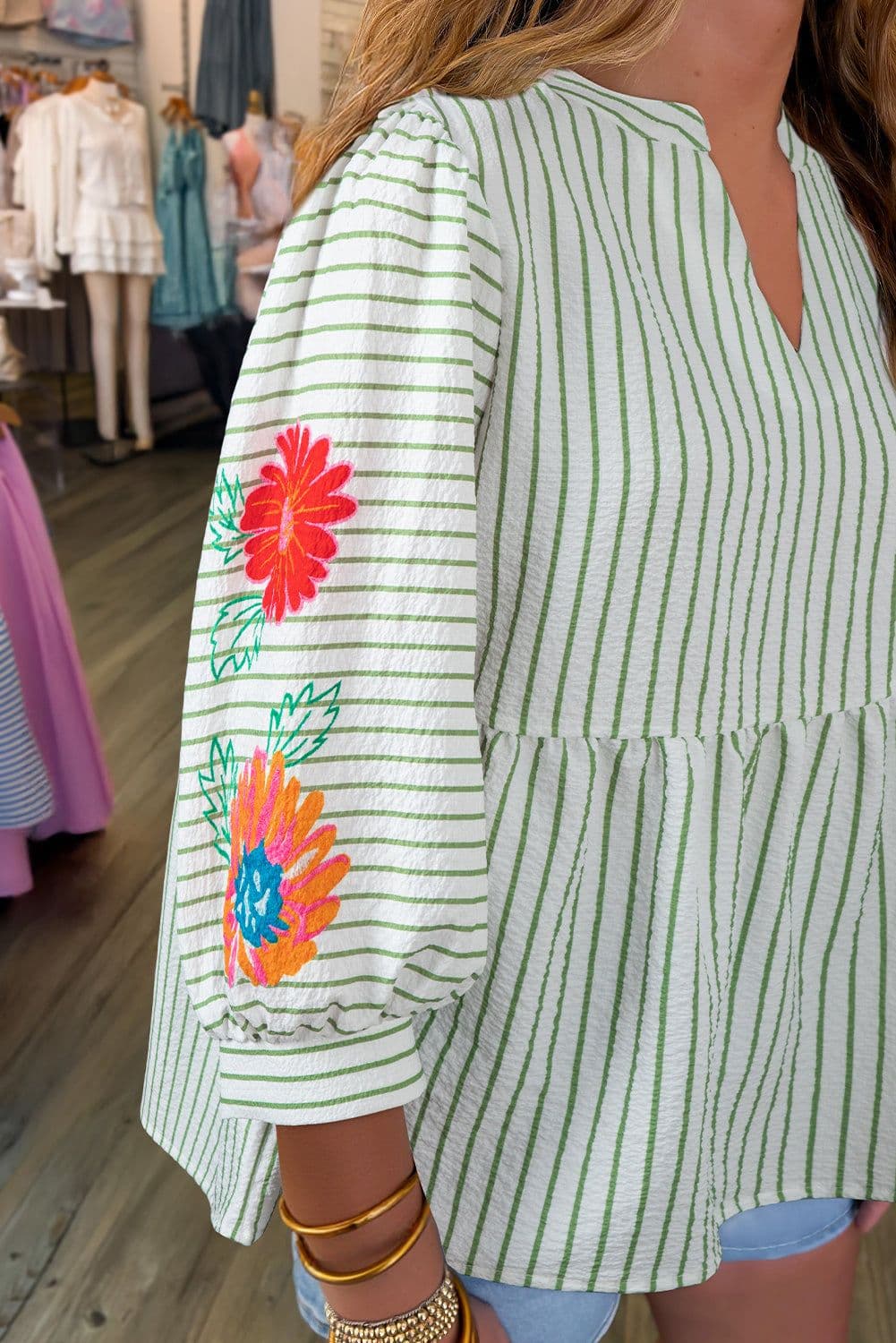 image-Green Stripe Floral Puff Sleeve V-Neck Babydoll Blouse