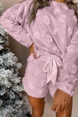 image-Leopard Print Light Pink Fleece Lounge Set - Two Piece Set - Cozy, Textured Fabric