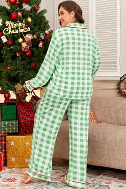 image-Green Plaid Print Contrast Trim Long Sleeve Plus Size Pajama Set