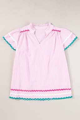 image-Sky Blue Striped Blouse with Ricrac Trim & Ruffled Sleeves