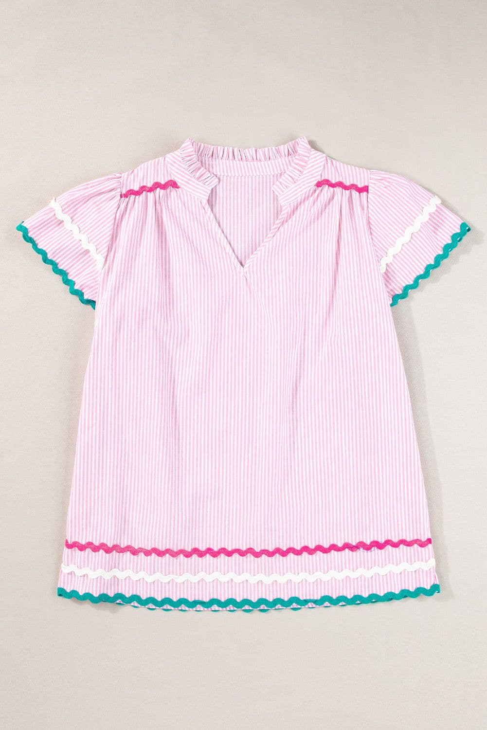 image-Sky Blue Striped Blouse with Ricrac Trim & Ruffled Sleeves