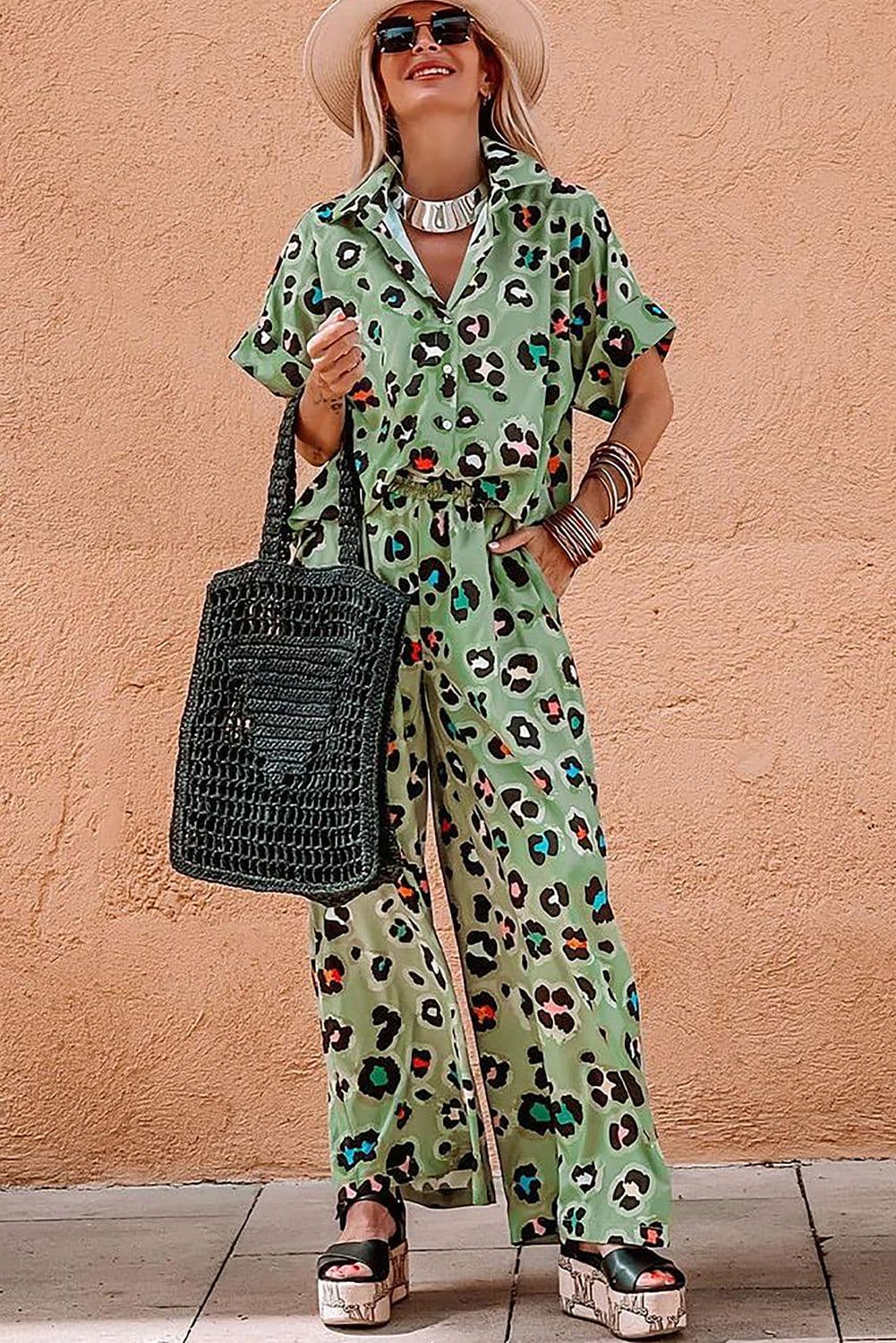 image-Green Leopard Print Shirt & Pants Set - Short Sleeve & Wide Leg Chic Outfit