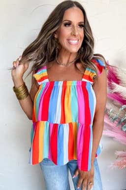 image-Red Stripe Ruffled Straps Babydoll Tank Top - Cute Babydoll Design with Stripes