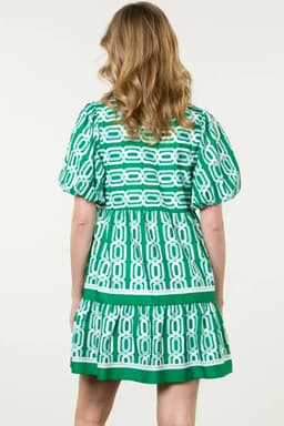 image-Bright Green Abstract Patterned V Neck Puff Short Sleeve Mini Dress