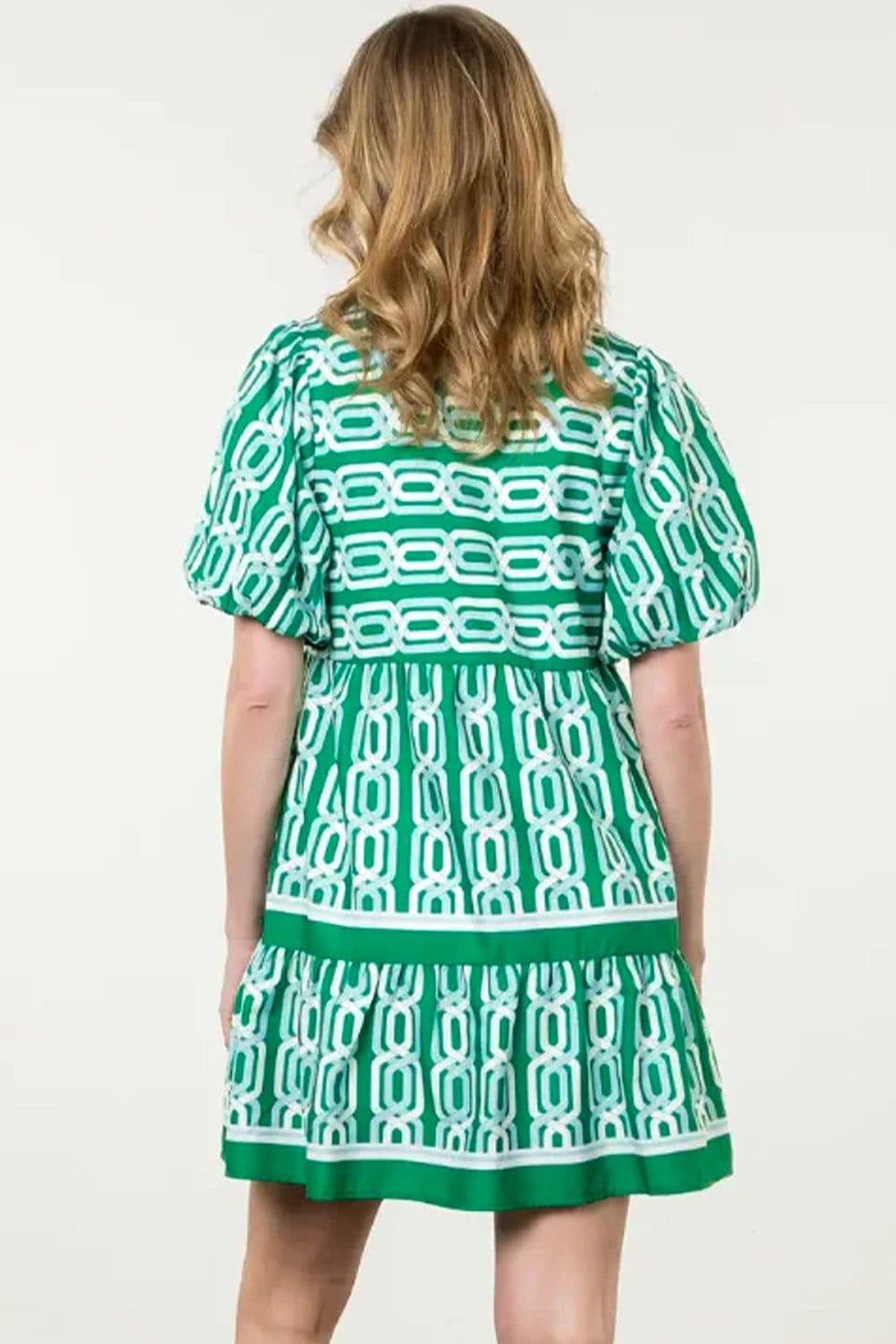 image-Bright Green Abstract Patterned V Neck Puff Short Sleeve Mini Dress